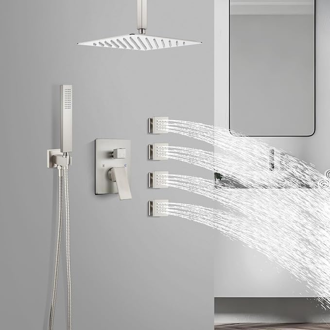 gotonovo Ceiling Shower System with 4pcs Full Body Jets,Brushed Nickel | SUS304 12’’ Rain Shower Head with Handheld Spray,Brass Body Message Jets,Ceiling Mount,Rough-in Valve and Trim Kit,All Metal