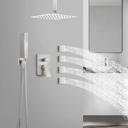 gotonovo Ceiling Shower System with 4pcs Full Body Jets,Brushed Nickel | SUS304 12’’ Rain Shower Head with Handheld Spray,Brass Body Message Jets,Ceiling Mount,Rough-in Valve and Trim Kit,All Metal