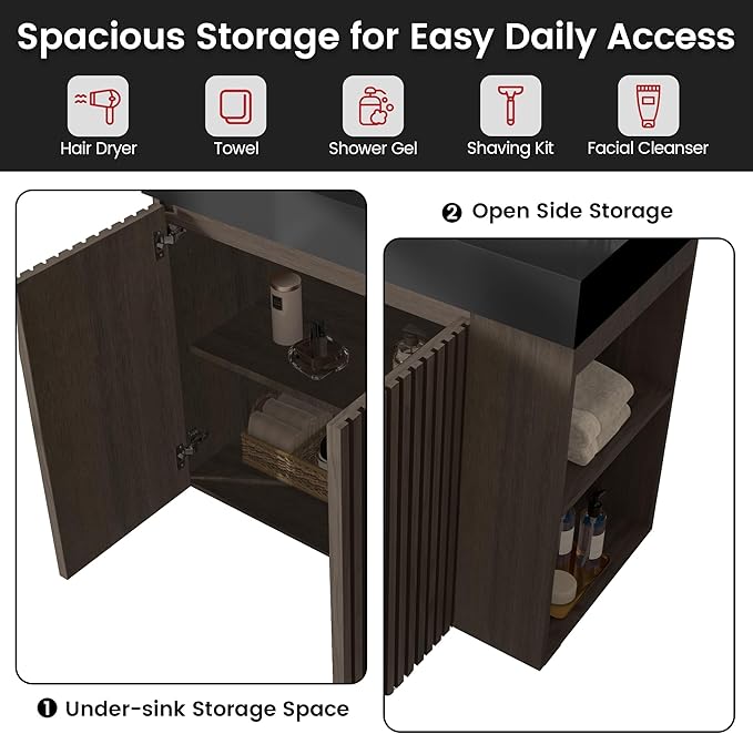 36" Bathroom Vanity with Sink, Freestanding Single Sink Bathroom Vanity with Black Engineered Stone Top & Open Side Storage, Soft-Closing Doors with Adjustable Shelf, Smoked Oak Brown