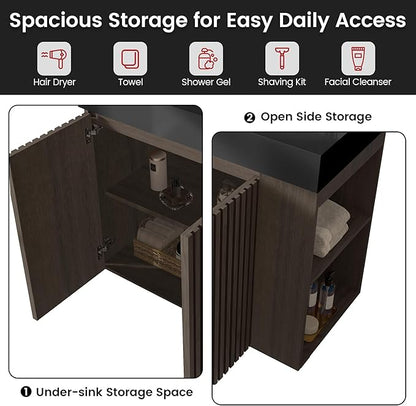 36" Bathroom Vanity with Sink, Freestanding Single Sink Bathroom Vanity with Black Engineered Stone Top & Open Side Storage, Soft-Closing Doors with Adjustable Shelf, Smoked Oak Brown