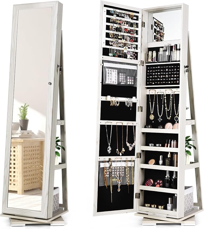 360° Rotating Jewelry Armoire, Freestanding Jewelry Cabinet with Inside Makeup Mirror, 2-in-1 Lockable Jewelry Organizer w/Full-Length Mirror for Women (Grayish White)