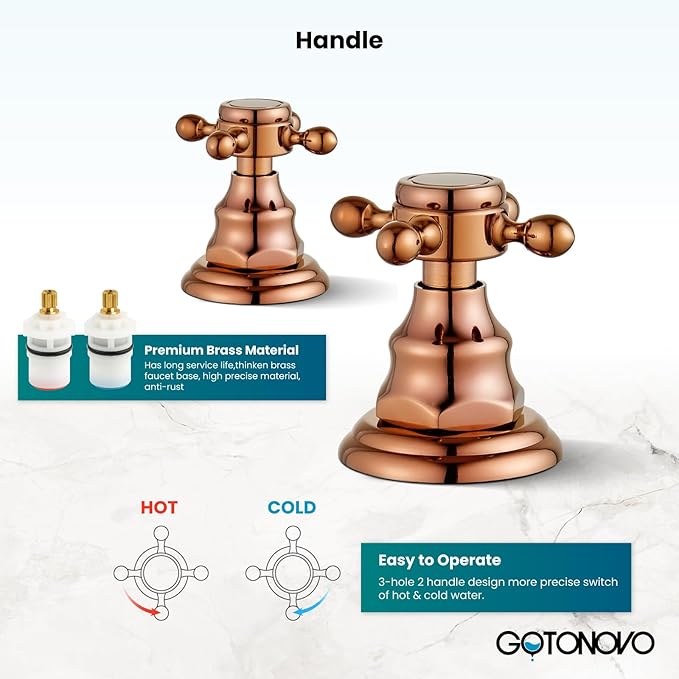 gotonovo 3 Hole Widespread Bathroom Sink Faucet Double Cross Handle Mixer Tap Faucet for Bathroom Sink Vanity Faucet Deck Mount Basin Hot Cold Water Matching Pop Up Drain Rose Gold