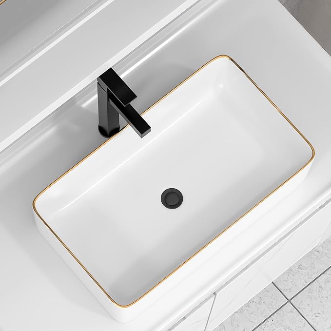 Vessel Sink Rectangular For Bathroom - Fulorni 24"x14" White Bathroom Vessel Sink with Gold Rim Above Counter Rectangle Vanity Lavatory Bath Sink Basin