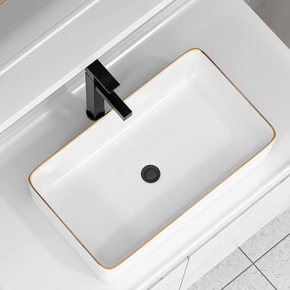Vessel Sink Rectangular For Bathroom - Fulorni 24"x14" White Bathroom Vessel Sink with Gold Rim Above Counter Rectangle Vanity Lavatory Bath Sink Basin