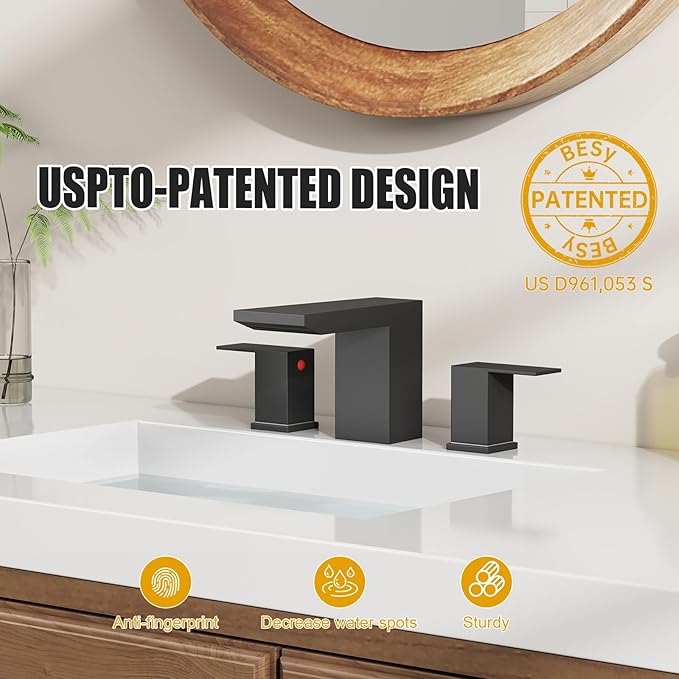 BESy Matte Black Bathroom Faucet 3 Holes Two Handles Vanity Widespread 8 Inch Bathroom Sink Faucet, Waterfall Bathroom Sink Faucet with cUPC Supply Hoses, Pop Up Drain, Stainless Steel
