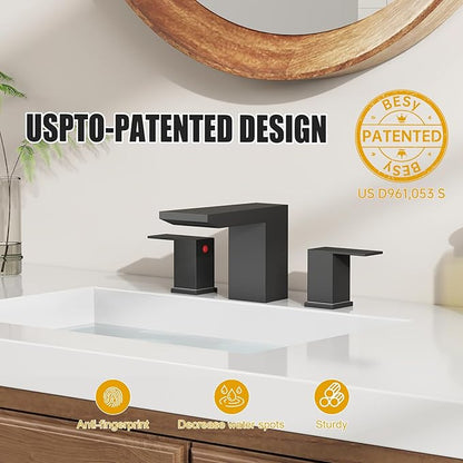 BESy Matte Black Bathroom Faucet 3 Holes Two Handles Vanity Widespread 8 Inch Bathroom Sink Faucet, Waterfall Bathroom Sink Faucet with cUPC Supply Hoses, Pop Up Drain, Stainless Steel
