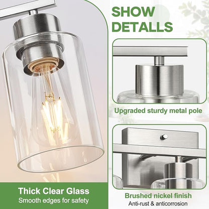 3-Light Bathroom Light Fixtures, Brushed Nickel Vanity Lights, Bathroom Lighting with Clear Glass Shade, Vanity Lighting fixtures for Mirror Kitchen Bedroom Hallway Living Room