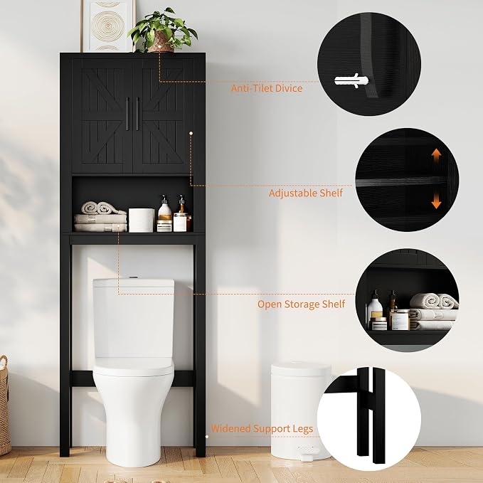 GarveeHome Over the Toilet Cabinet, Double Door Bathroom Storage Organizer, Toilet Rack with Open Storage Shelf, FreeStanding Toilet Shelf Space Saver, for Bathroom, Restroom, Laundry