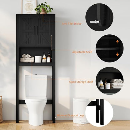 GarveeHome Over the Toilet Cabinet, Double Door Bathroom Storage Organizer, Toilet Rack with Open Storage Shelf, FreeStanding Toilet Shelf Space Saver, for Bathroom, Restroom, Laundry