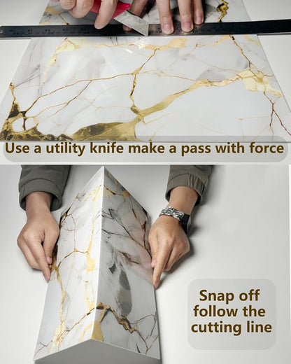 10 Sheets Marble Peel and Stick Backsplash Tile, 12"x12" Waterproof PVC Self Adhesive Tile Shower Wall Panels for Bathroom, Kitchen, Living Room (Gold White)