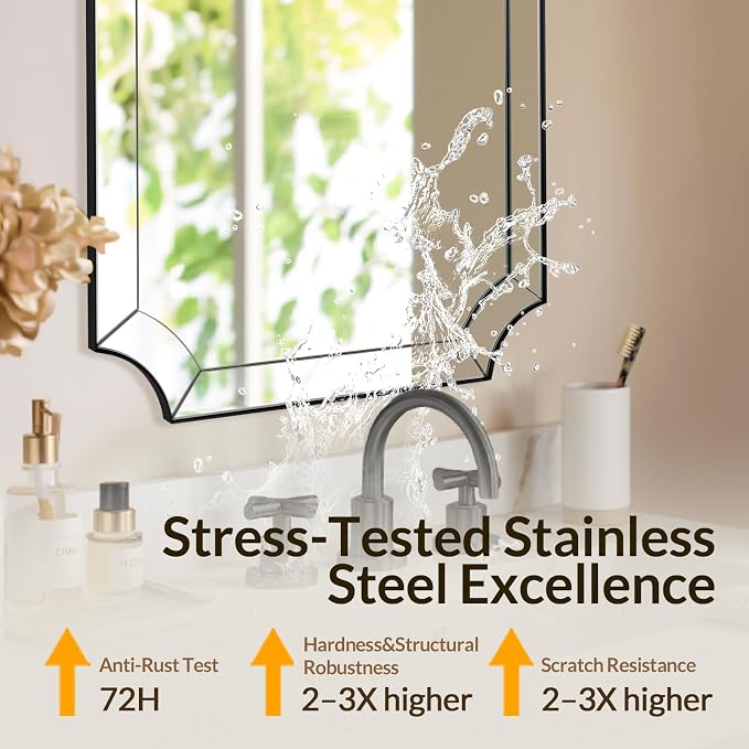 Matte Black Mirror 30x36 Inch, Black Scalloped Wall Mirror, Unique Rectangular Bathroom Mirror in Premium Stainless Steel Metal Frame 1" Deep, Hangs Vertically/Horizontally