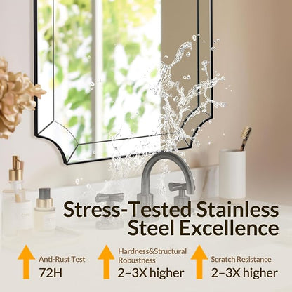 Matte Black Mirror 30x36 Inch, Black Scalloped Wall Mirror, Unique Rectangular Bathroom Mirror in Premium Stainless Steel Metal Frame 1" Deep, Hangs Vertically/Horizontally