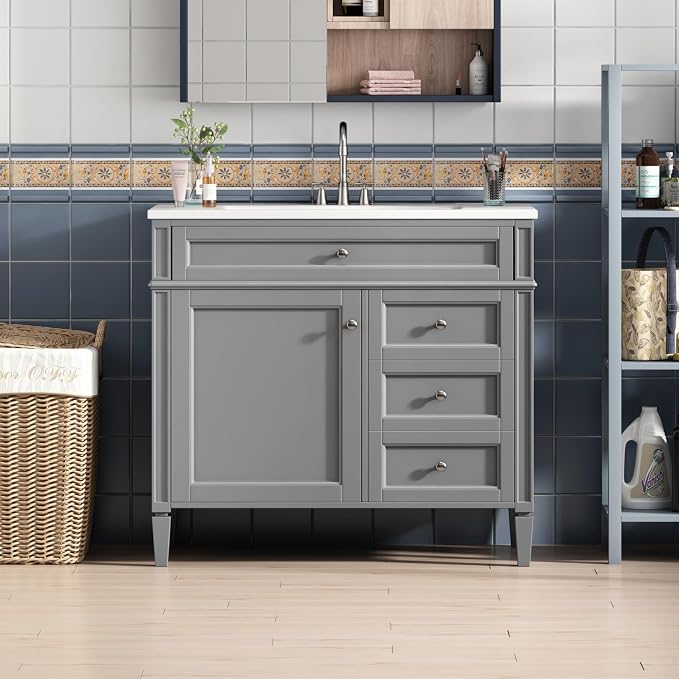 Merax 36'' Bathroom Vanity Without Top Sink, Solid Rubberwood Frame Cabinet | Modern Bathroom Vanity Storage Cabinet with 2 Drawers, Tip-out Drawer, Adjustable Shelf, Soft Closing Doors, Grey