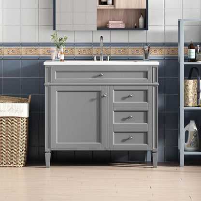 Merax 36'' Bathroom Vanity Without Top Sink, Solid Rubberwood Frame Cabinet | Modern Bathroom Vanity Storage Cabinet with 2 Drawers, Tip-out Drawer, Adjustable Shelf, Soft Closing Doors, Grey