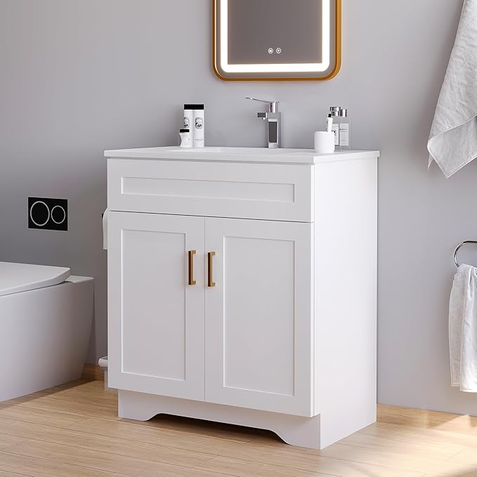 Bathroom 30" Vanity with Ceramic Sink, Wooden Double Door Bathroom Storage Cabinet, Freestanding Cabinet Vanity with Sink (Paint, White,30")