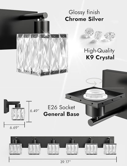 VOLISUN Black Bathroom Light Fixtures, Modern Bathroom Lighting Fixtures Over Mirror, 6 Light Bathrooms Vanity Light, Crystal Vanity Light for Bathrooms-UL Certificated(Exclude Bulb)