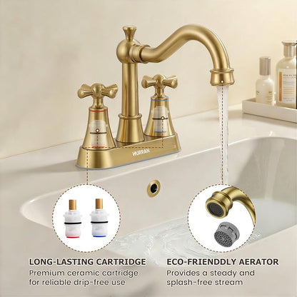 4-inch Centerset Brushed Gold Classical Bathroom Faucet, 2 Handles for 2 or 3 Hole Sink with 360° Swivel Spout, Pop Up Drain Assembly and Supply Hose for Vanity Sink Lavatory Faucet