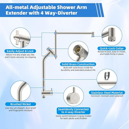 12" Metal Rain Shower Head with Handheld, 10-Mode with Filter, Easy Reach | Brushed Nickel, High-Pressure Rainfall Showerhead, 4-Way Diverter Pause Mode, Adjustable 16" Extension Arm/71" Hose/Holder