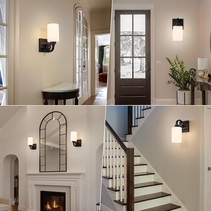 1-Light Milk Glass Wall Sconces, Farmhouse Vanity Light Fixtures for Bathroom, Black and Wood Wall Lighting, Wall Sconce for Hallway, Entryway, Bedroom, Living Room