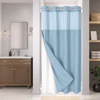eachope No Hook Fabric Shower Curtain with Snap-in Liner,54x80 Fog Blue | Linen Texture,230GSM Thick Fabric,Hotel Luxury Decor,Mesh Window,Waterproof & Machine Washable,for Shower Stall or Bathroom