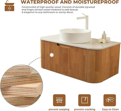 LKTART 36 Inch Floating Bathroom Vanity with Sink, Modern Wall Mounted Bathroom Storage Cabinet with Drawer, Stone Pattern Round White Ceramic Sink Top and Marble Texture Top, Natural Wood