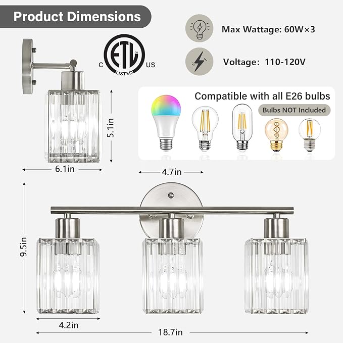 3 Light Bathroom Light Fixtures, Modern Crystal Vanity Lights over Mirror | Metal Frame, Bathroom Light with Square Crystal Shade, ETL Certified, E26 Ceramic Socket, Bulbs Not Included