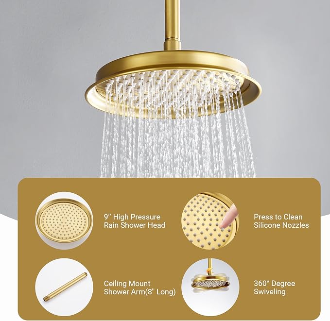 DASAN Rain Shower System Complete Antique Shower Faucet Sets, Shower Fixtures Combo with Pressure Balance Valve, Trim Kit, 9’’ Rainfall Overhead Shower & Handheld, Color Brushed Gold AT209C-BTG
