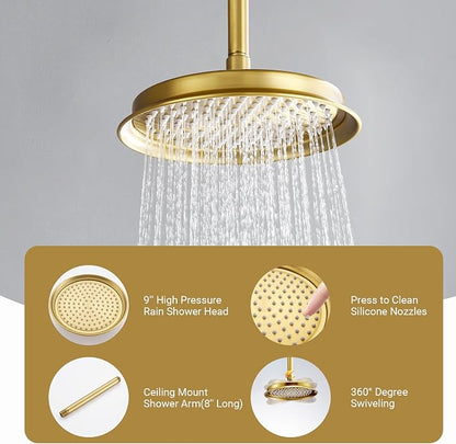 DASAN Rain Shower System Complete Antique Shower Faucet Sets, Shower Fixtures Combo with Pressure Balance Valve, Trim Kit, 9’’ Rainfall Overhead Shower & Handheld, Color Brushed Gold AT209C-BTG