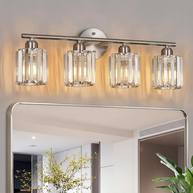 Modern 4 Light Crystal Vanity Light, Brushed Nickel Vertical Bathroom Light Fixture Over Mirror for Dressing Table Sink, Compatible with Dimmable Bulbs (Bulbs Not Included)