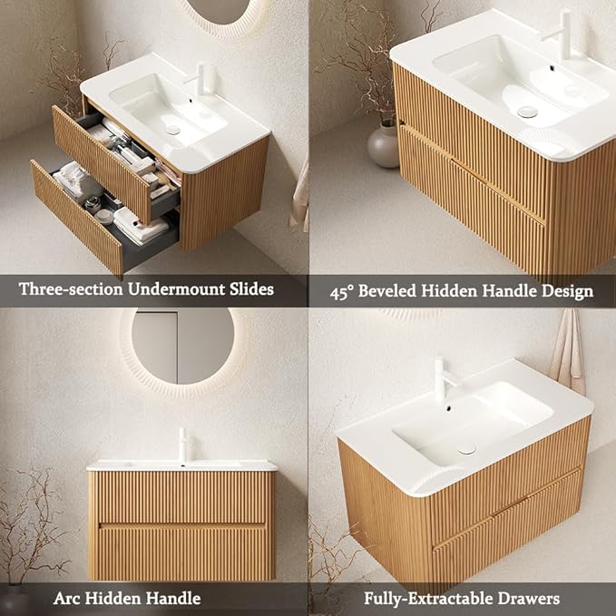 30" Floating Bathroom Vanity with Sink, Wall Mounted Modern Bathroom Cabinet with 2 Soft Close Drawers, Oak & Plywood, Pre-Assembled with Integrated Ceramic Basin – Bruges, Natural Wood