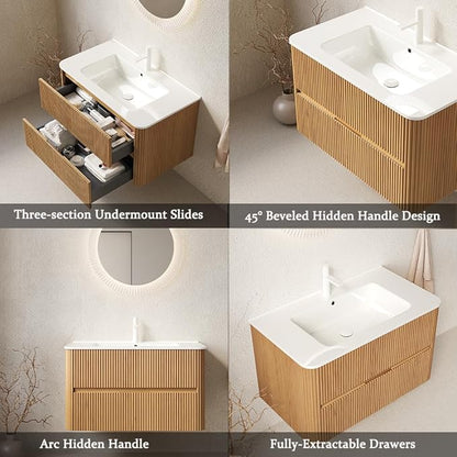 30" Floating Bathroom Vanity with Sink, Wall Mounted Modern Bathroom Cabinet with 2 Soft Close Drawers, Oak & Plywood, Pre-Assembled with Integrated Ceramic Basin – Bruges, Natural Wood