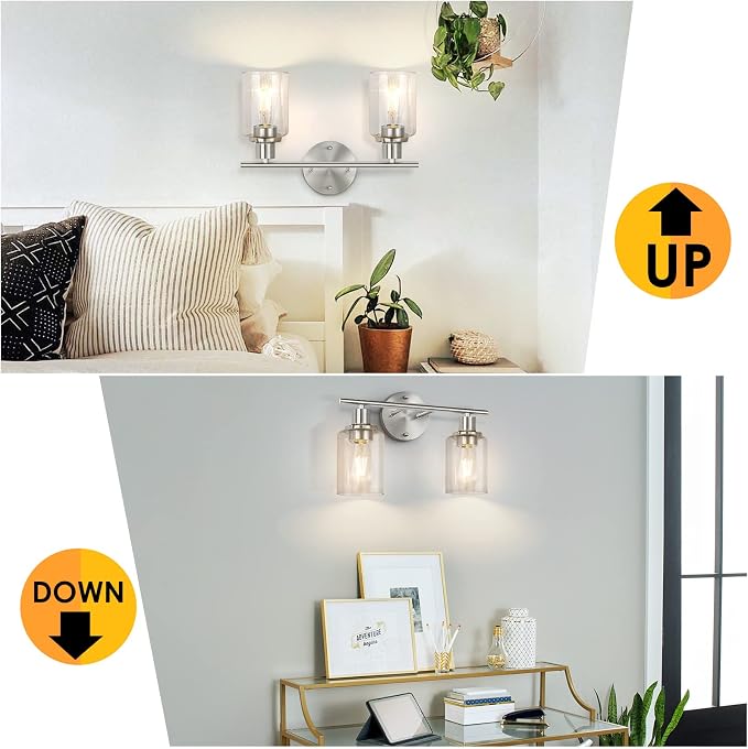 Bathroom Light Fixtures, 2 Light Vanity Light, Silver Wall Sconces Lighting | Modern Bath Wall Mounted Lights with Glass Shade, Porch Wall Lamp for Mirror, Living Room, Bedroom, Brushed Nickel