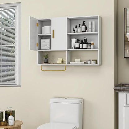 Bathroom Wall Cabinet Wood Large Wall Mounted Medicine Cabinet with 2 Doors and 4 Open Shelves Over Toilet Storage Cabinet Organizer with Towel Bar,White