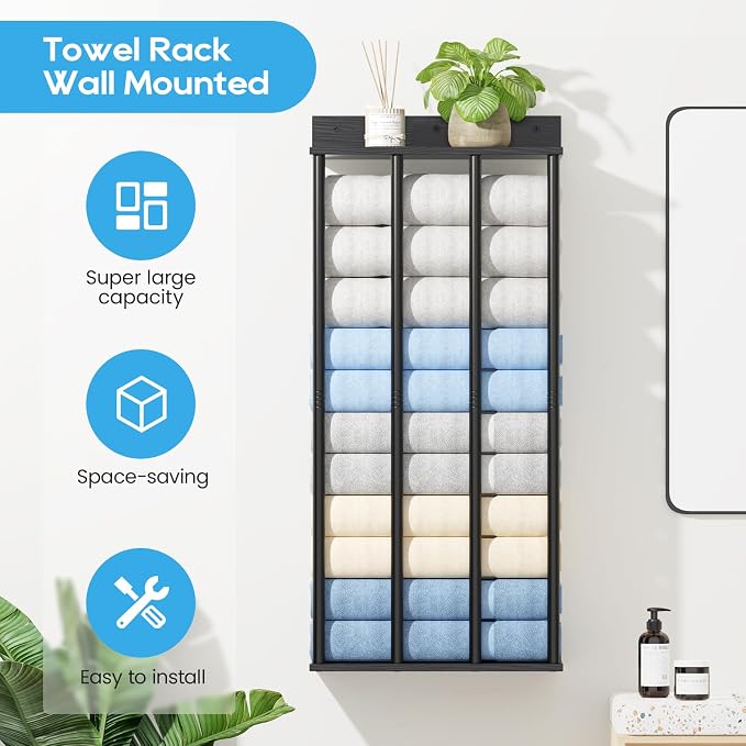 Wall Mounted 4-Bar Towel Rack with Wooden Shelf, Bathroom Storage Holder | Large Bathroom Towel Storage Rack for Rolled Towels, Modern Black Metal Towel Organizer Shelf with Wooden Storage Shelf