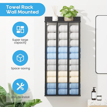Wall Mounted 4-Bar Towel Rack with Wooden Shelf, Bathroom Storage Holder | Large Bathroom Towel Storage Rack for Rolled Towels, Modern Black Metal Towel Organizer Shelf with Wooden Storage Shelf