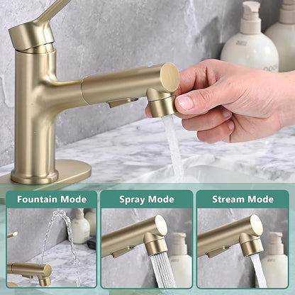 Bathroom Sink Faucet with Pull Out Sprayer, Single Handle Modern Bathroom Basin Faucet with Pop-up Sink Drain Stopper & Deck Plate 1 or 4-inch Centerset 3 Hole, Gold
