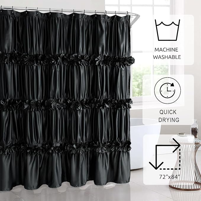 Homechoice Decor Black Ruffle Shower Curtain 72" W x 84" H | Vintage Handcrafted Bow Tie Bath Curtain for Master Bathroom, Ruched Satin Bathroom Curtain with 12 Buttonholes (LQ-10)