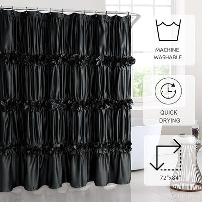 Homechoice Decor Black Ruffle Shower Curtain 72" W x 84" H | Vintage Handcrafted Bow Tie Bath Curtain for Master Bathroom, Ruched Satin Bathroom Curtain with 12 Buttonholes (LQ-10)