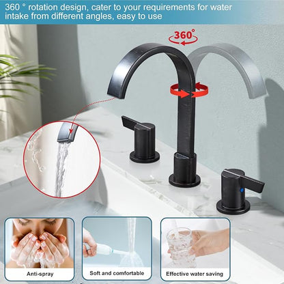 Midanya 8 Inch Widespread Bathroom Sink Faucet 3 Hole,Oil Rubbed Bronze | Waterfall Swivel Spout,2 Handle,SUS304,with Pop Up Drain,cUPC 24" Water Hose,for 6-16” hole distance vanity,RV,Farmhouse Sink