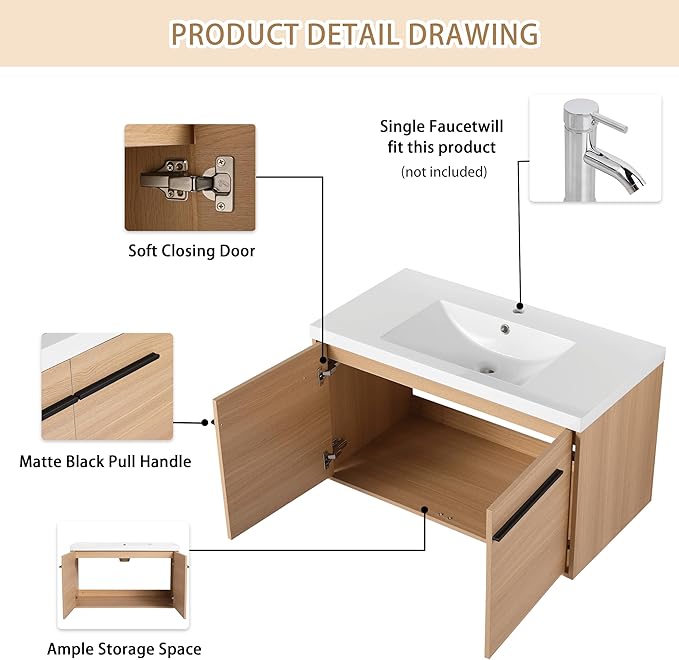 36" Floating Bathroom Vanity,36 Inch Bathroom Vanity with Sink,Single Sink Wall Mounted Vanity Combo,Brown Wall Mounted Cabinet Set