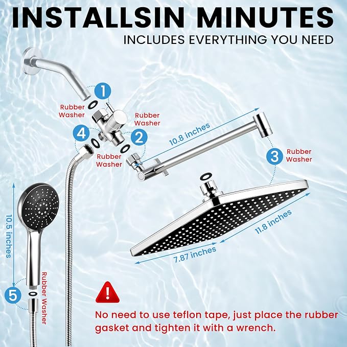 Shower Head with Handheld,High Pressure Chrome Rain Shower Head | Regaderas Para Shower,11.8" Rectangular,Rainfall Shower Head,Dual Shower Head,Bathroom Decor,Extension Arm,5 Spray Mode