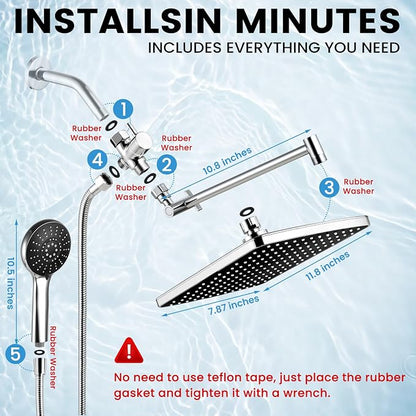 Shower Head with Handheld,High Pressure Chrome Rain Shower Head | Regaderas Para Shower,11.8" Rectangular,Rainfall Shower Head,Dual Shower Head,Bathroom Decor,Extension Arm,5 Spray Mode