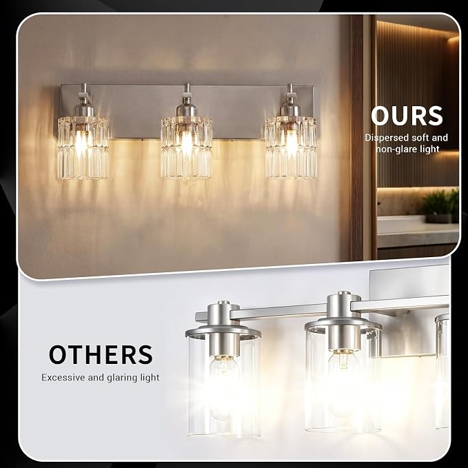 OCIOC Brushed Nickel Bathroom Light Fixtures, 3-Lights Bathroom Vanity Light with Glass Shades, Modern Vanity Lights for Mirror, Wall Lights for Living Room, Hallway, Kitchen, E26 Base