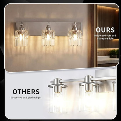 OCIOC Brushed Nickel Bathroom Light Fixtures, 3-Lights Bathroom Vanity Light with Glass Shades, Modern Vanity Lights for Mirror, Wall Lights for Living Room, Hallway, Kitchen, E26 Base