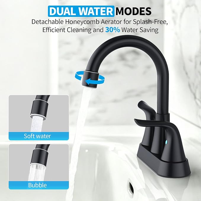 Bathroom Sink Faucet 4 inch, NSF Certified, 3 Hole, Matte Black | 2 or 3 Hole, Vanity Faucet with Pop-up Drain and 2 Supply Hoses, 2 Handle Touch on Bathroom Sink Faucets