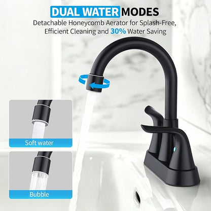 Bathroom Sink Faucet 4 inch, NSF Certified, 3 Hole, Matte Black | 2 or 3 Hole, Vanity Faucet with Pop-up Drain and 2 Supply Hoses, 2 Handle Touch on Bathroom Sink Faucets