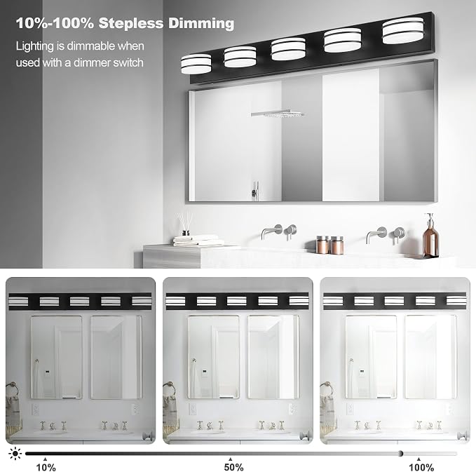 GOODATE 3 Color Temperature Dimmable Bathroom Light Fixtures Over Mirror, LED Black 5 Light Vanity Lighting Fixtures, Acrylic Stainless Steel Oval Shade Vanity Lights for Bathroom, ETL Certificated