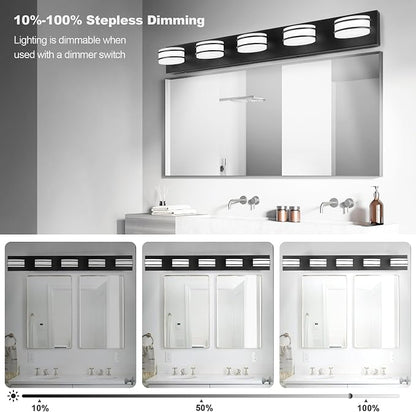 GOODATE 3 Color Temperature Dimmable Bathroom Light Fixtures Over Mirror, LED Black 5 Light Vanity Lighting Fixtures, Acrylic Stainless Steel Oval Shade Vanity Lights for Bathroom, ETL Certificated