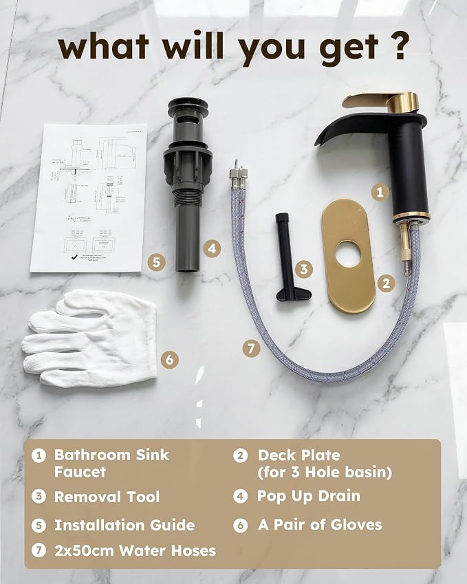 Waterfall Bathroom Faucet: WOWOW Black and Gold Modern Single Handle Bathroom Faucets for 1 or 3 Hole Bathroom Sink Faucet Mixer Tap Washbasin Faucet with Deck, Pop-up Drain and Supply Hoses
