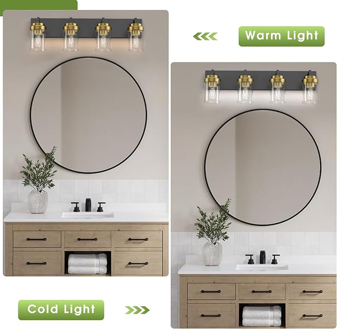 Bathroom Lighting Fixtures, 4-Light Bathroom Vanity Lights Over Mirror, Black and Gold Vanity Light with Glass Shade, Modern Vanity Lighting Fixtures for Bathroom, Bedroom, Hallway
